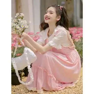 爱爱丸 粉色背心连衣裙丝滑木耳边伞裙甜美减龄小个子超仙少女感