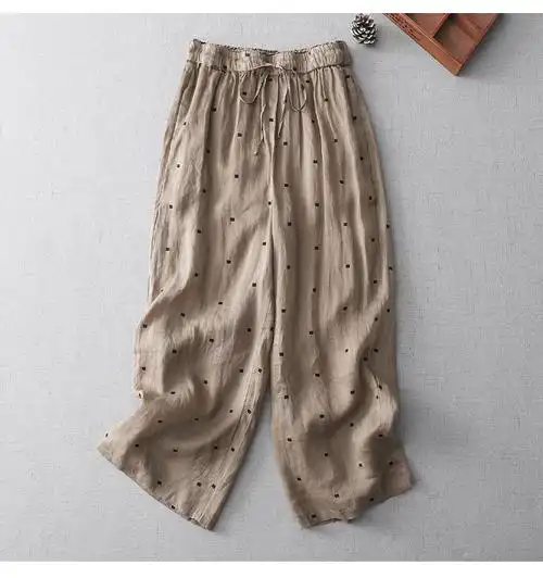 苎麻女裤夏季薄款松紧腰文艺九分裤仙气波点棉麻2024 - 17网