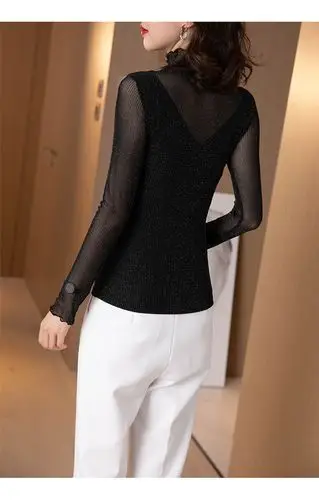 半高领长袖打底衫女2021秋季亮丝内搭黑色修身针织小衫网纱t上衣