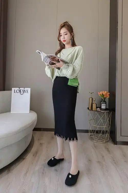 毛线半身裙秋冬女中长款高腰不开叉包臀裙显瘦流苏针织一步裙 均码