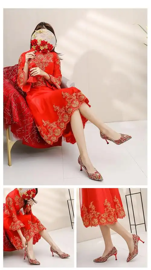 配秀禾服鞋子敬酒服鞋子秀禾鞋法式婚鞋冬季女红色平底新娘鞋孕妇粗跟