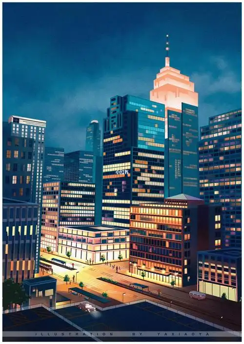 色彩速涂夜间的城市建筑