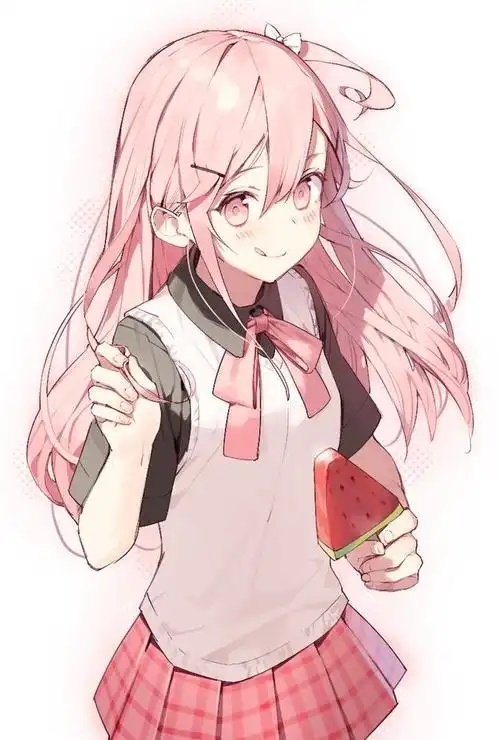 二次元动漫人物夏天吃西瓜比赛,她们吃相的插画也画得生动有特色