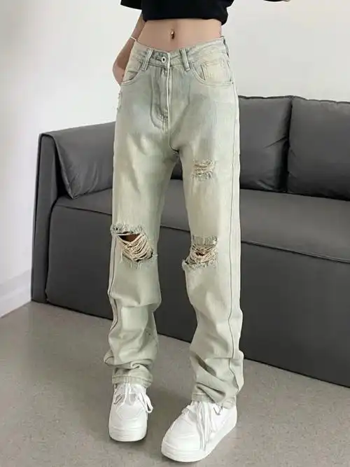 美式复古水洗做旧黄泥色破洞牛仔裤女高街辣妹直筒拖地裤子ins潮 - 17