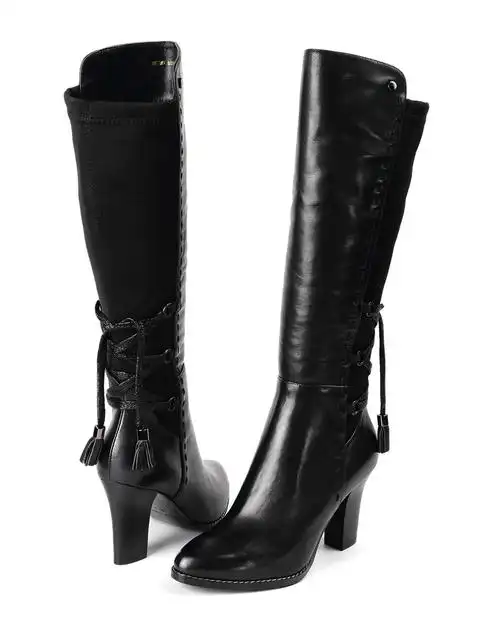 黑色牛皮后流苏绑带尖头长靴