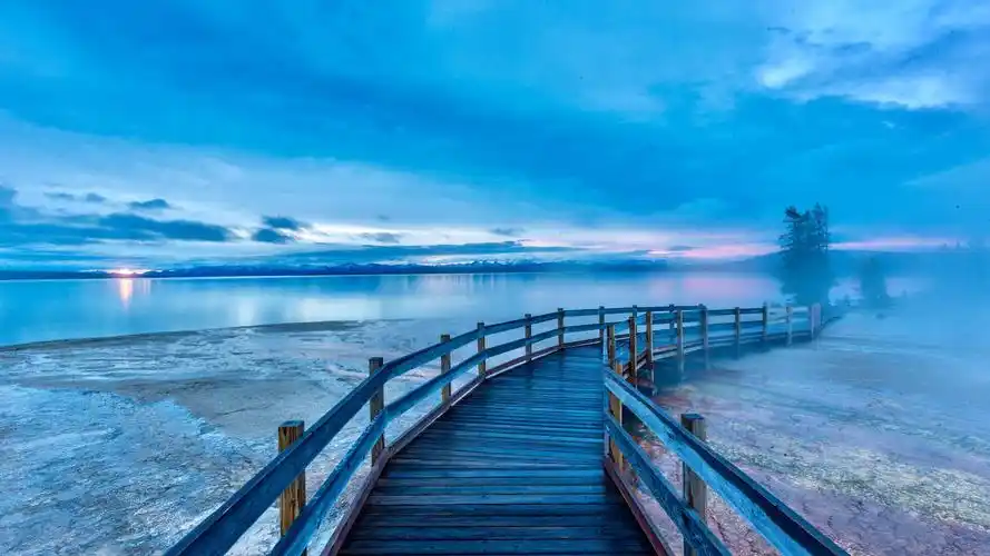 美丽的黄石国家公园,湖,桥梁,早晨,美国 5120x2880 uhd 5k 高清壁纸