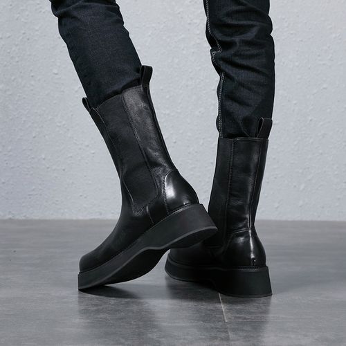 欧美美潮靴男牛皮时装靴纯黑马马丁厚底高筒靴洞洞鞋