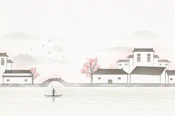 唯美意境手绘江南水乡水墨插画古风风景背景写意山水