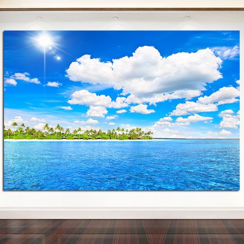 新款碧海蓝天客厅卧室墙面自粘画大海阳光沙滩椰树大自然风景dh56