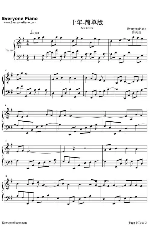 十年钢琴谱_陈奕迅_简单版