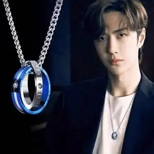 王一博同款蓝色双环项链男日韩简约学生潮人情侣吊坠女毛衣链挂坠