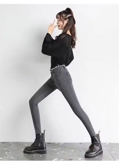 日系女牛仔裤潮流原宿时尚流行简约毛边修身弹力高腰百搭小脚长裤