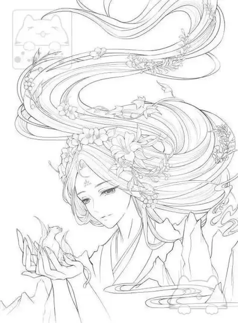 动漫女生古风二次元简笔画简笔画 线稿 黑白配 动漫 唯美 壁纸 插画