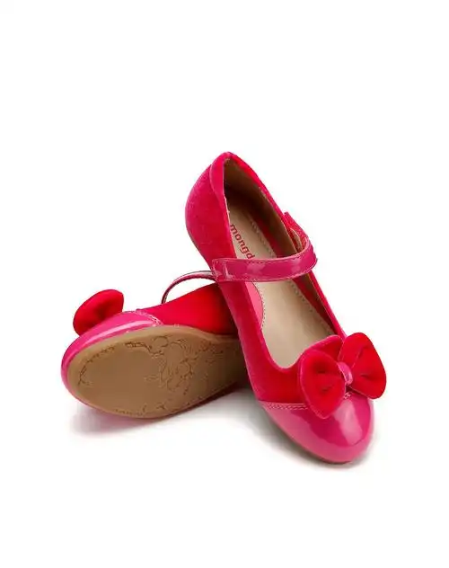 女童玫红色绒布蝴蝶结公主鞋