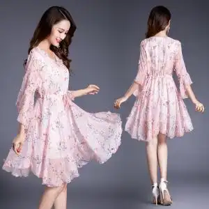 夏装新品时尚立体气质小碎花女大摆防晒超薄超仙气收腰雪纺连衣裙