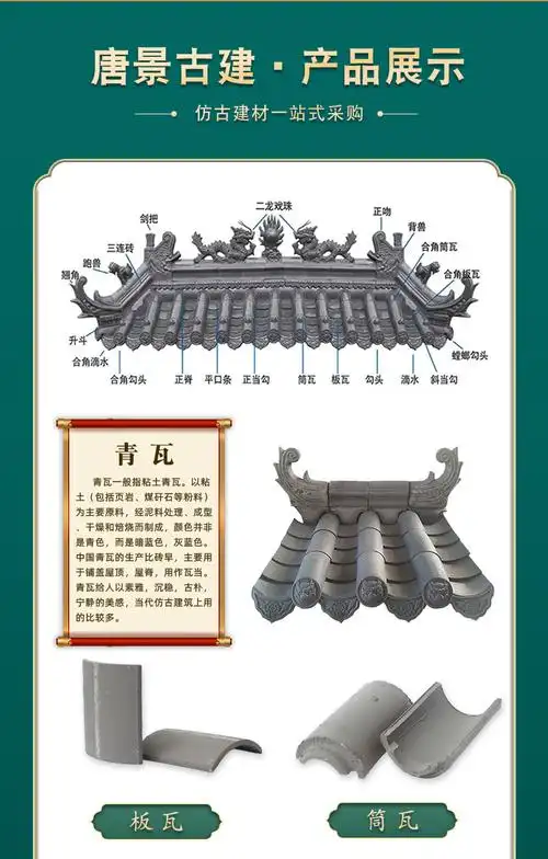 仿古青瓦 中式四合院屋顶小青瓦马头墙滴水勾头 古建徽派青瓦片