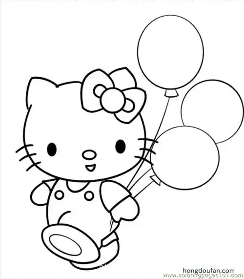 拿着气球的可爱的凯蒂猫hellokitty涂色卡通简笔画大全