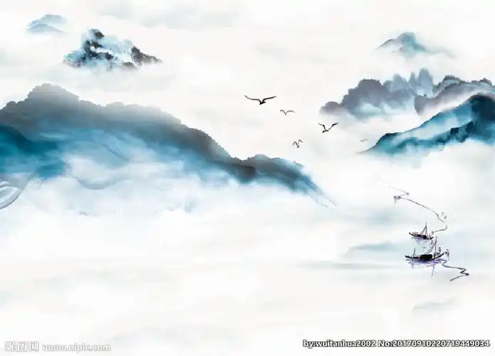 新中式意境水墨云雾山水背景壁画图片