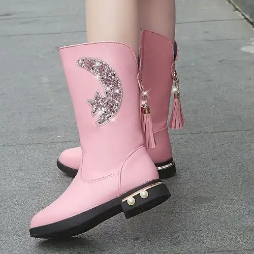 女童靴子冬季2020时尚韩版高筒靴中大童小女孩加绒公主长筒靴 粉色