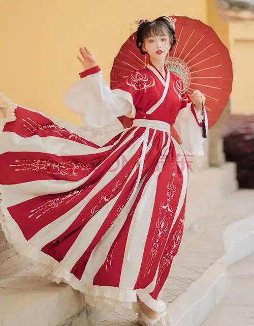 半袖齐腰襦裙魏晋风仙气飘逸古风学生超仙古装 落玲珑 红色六米裙摆 m