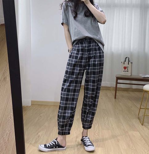 黑白格子休闲裤女宽松束脚夏季束口哈伦裤裤子夏复古格纹夏天女裤