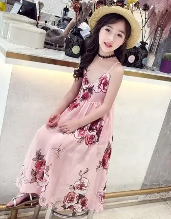 女童洋气连衣裙夏装2018新款儿童露背长裙女孩雪纺吊带裙子沙滩裙