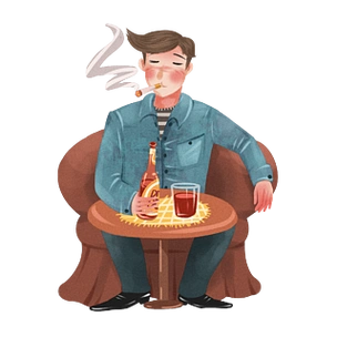 抽烟的男人喝酒.穿着正式服装的有吸引力的商人的横向肖像.