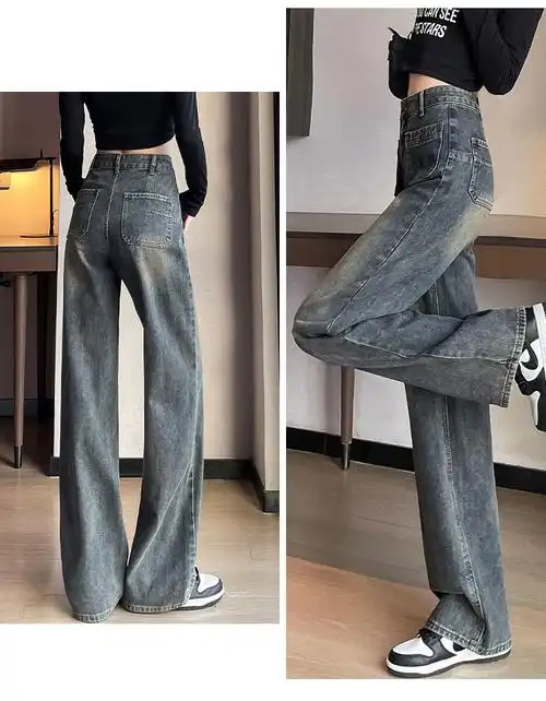 水泥灰做旧牛仔裤女新款口袋设计高腰宽松直筒窄版阔腿拖地长裤子