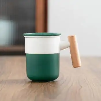 午间陶瓷木柄茶水分离泡茶杯办公室个人专用水杯带盖过滤马克杯定制