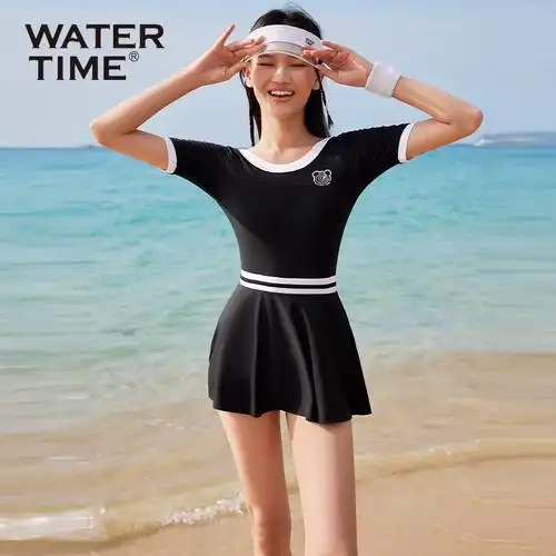 watertime泳衣女夏游泳馆专用连体保守裙式显瘦遮肚清仓特价