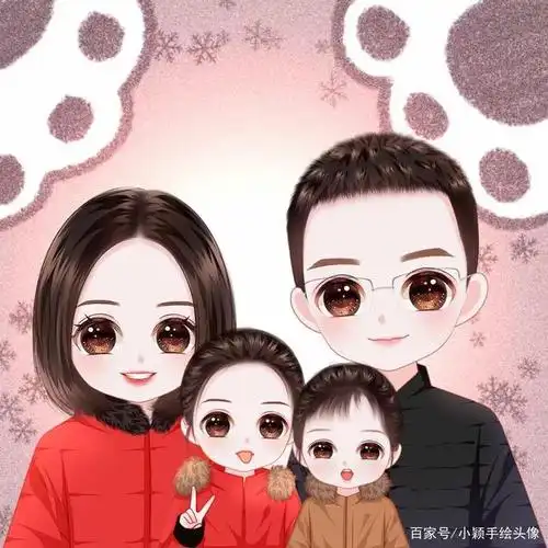 真人照片手绘一家四口卡通头像精致可爱又好看