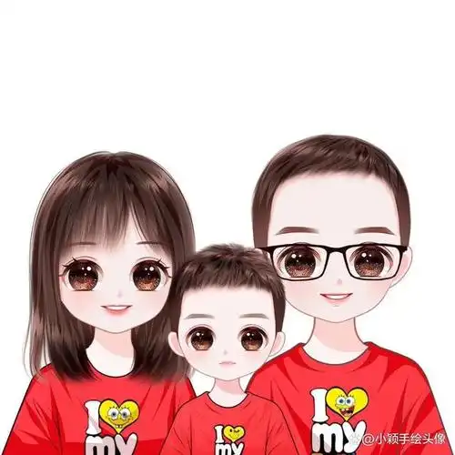 漫画风家庭头像,记录幸福瞬间,一家三口新年喜庆头像