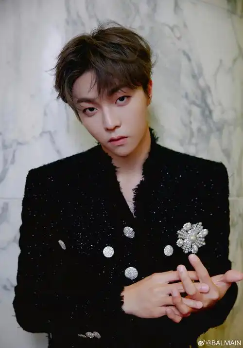 陈立农身着#balmain2023秋冬系列#黑色花呢晶饰西装夹克,亮相#2023