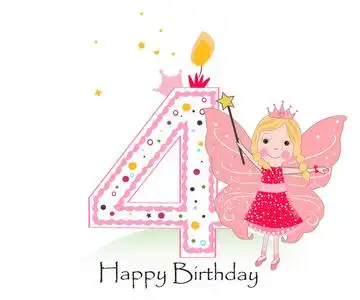 四岁生日快乐的四岁的生日蜡烛.女孩贺卡与可爱童话矢量背景照片