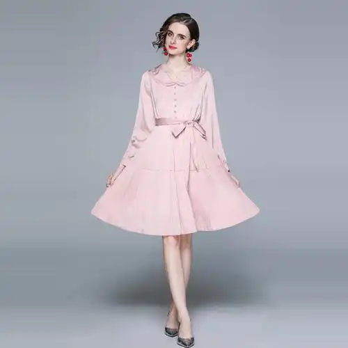 实拍现货 新款女装粉色裙子修身显瘦中长款设计感百褶连衣裙