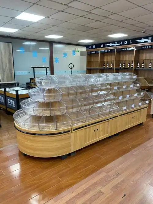 超市散称货架 木质中岛展示柜零食休闲小食品散装糖果便利店货架