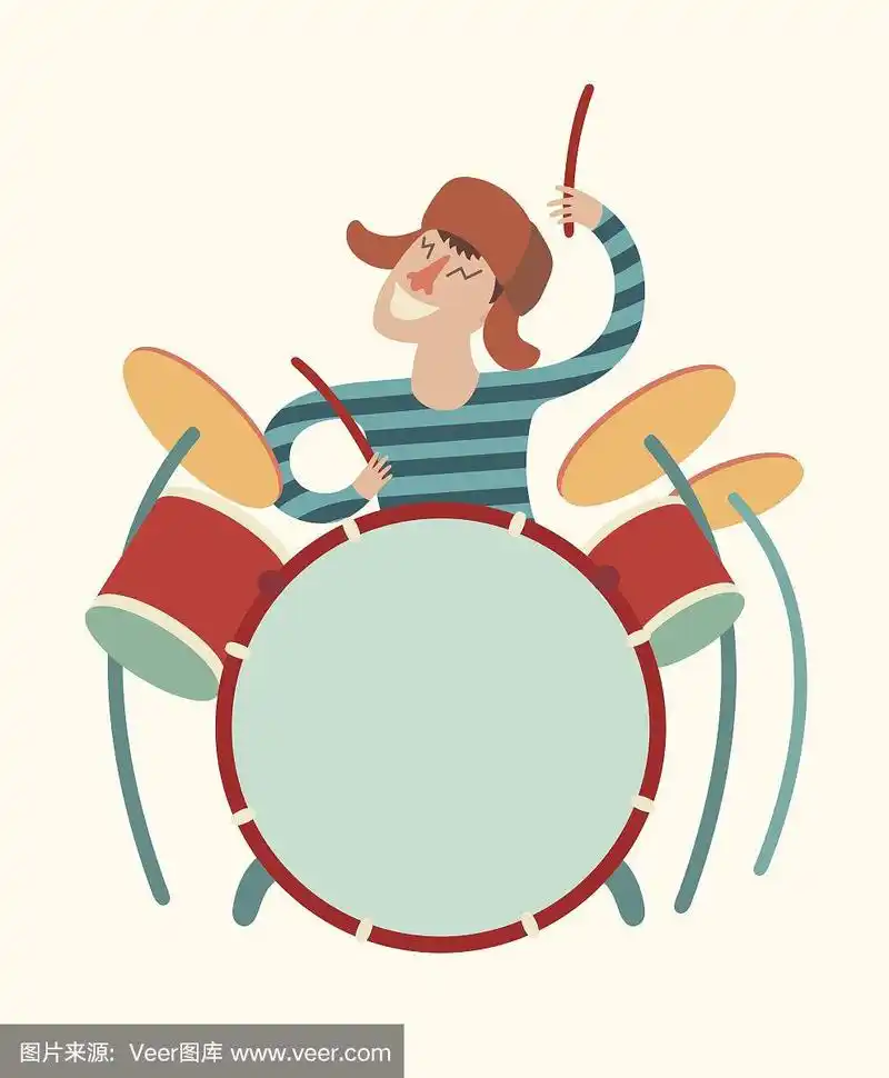 鼓手男孩,矢量卡通插图在白色的背景