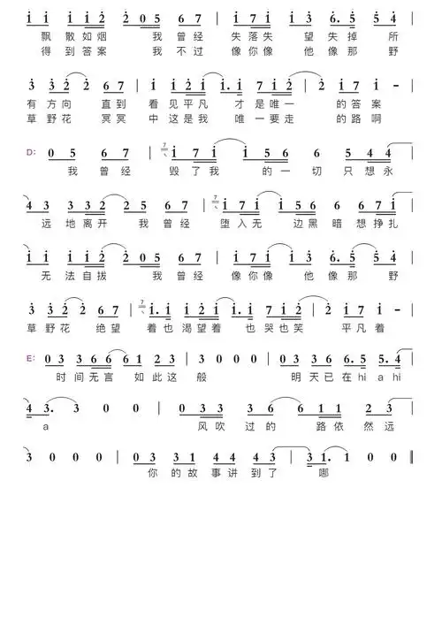 平凡之路智能简谱朴树演唱