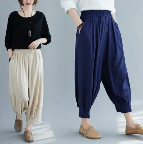 2020年秋季新款宽松大码文艺棉麻灯笼裤 纯色亚麻束脚宽松女裤