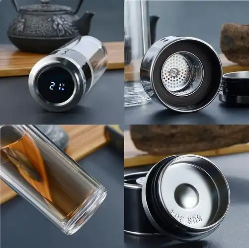 创意智能测温双层玻璃杯高档茶水分离杯双层玻璃杯商务礼品杯定制