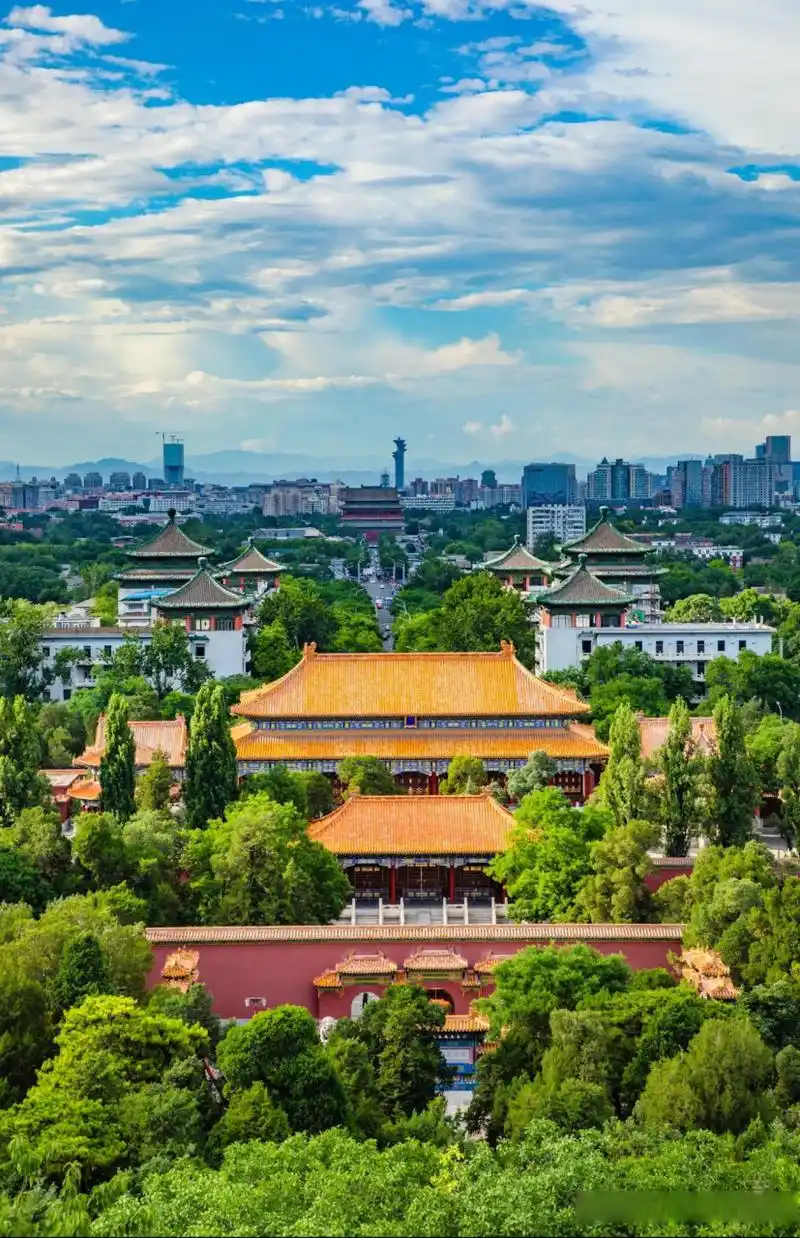 紫禁之巅 《俯瞰北京中轴线》 鸟瞰故宫四四方, 绿树红墙沐晴光, 昔为