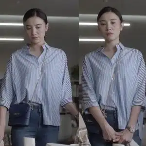 小舍得南俪宋佳明星同款蓝白条纹拼接衬衫女复古春夏轻薄上衣女潮