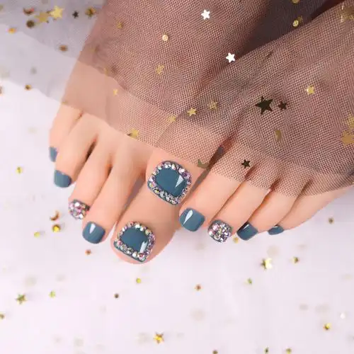 新款网红雾霾蓝脚指甲成品幻彩满钻脚趾甲贴片日式夏天穿戴美甲片