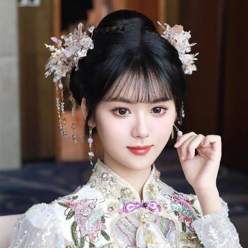 中式新娘结婚头饰秀禾服紫色减龄古风造型琉璃花朵简约发饰品