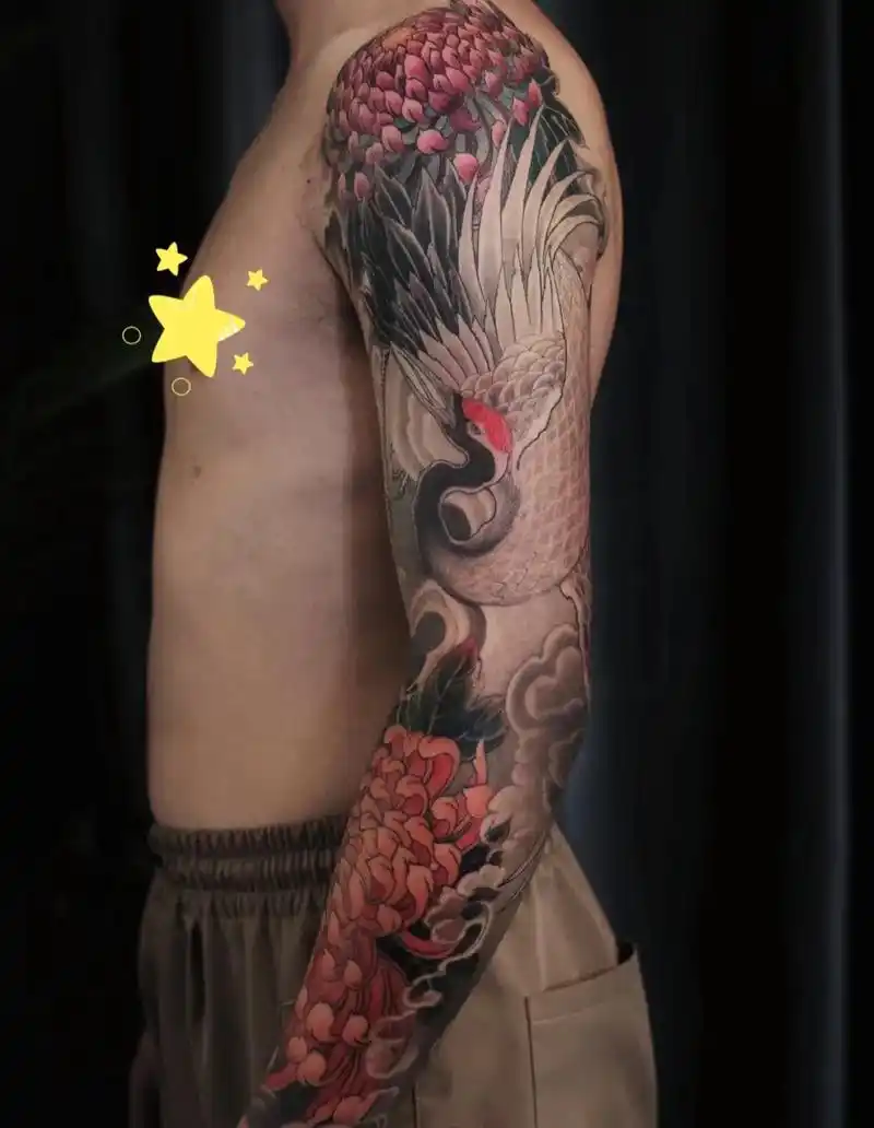 花臂仙鹤新传统素材天狗半胛七分袖