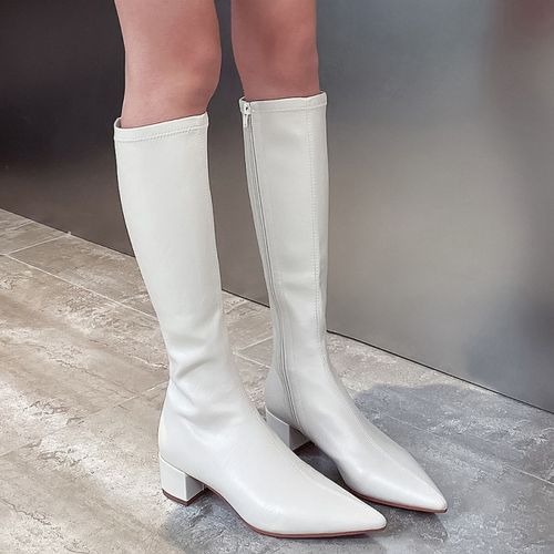 靴子子女2021夏季白色高筒靴真皮中跟弹力瘦瘦弹力靴