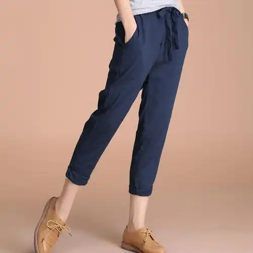 春夏装新款棉麻女裤 韩版宽松系带哈伦休闲九分裤子