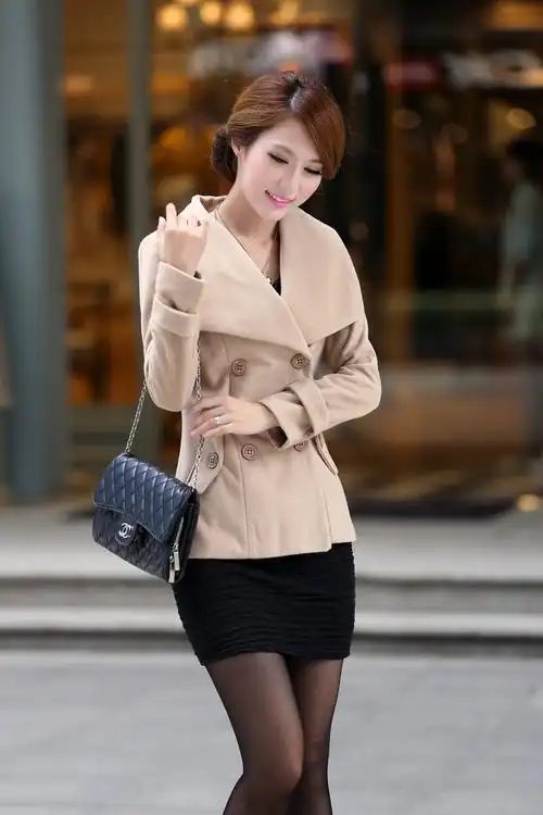 slmxl蘑菇街2014韩版秋冬新款女式外套淑女大翻领短款呢大衣毛呢