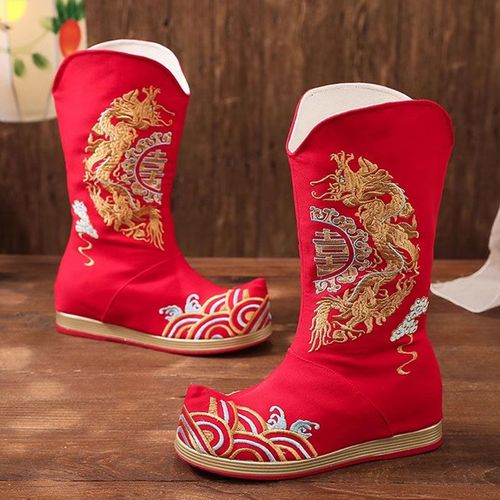 男靴秀禾服单靴戏曲鞋子国潮官靴结婚中式鞋子汉服绣花鞋婚礼靴子【4