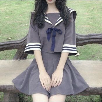 女装新款潮jk裙子女学生韩版水手服学院风制服海军领短袖百褶 浅灰色